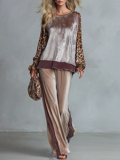 Retro Casual Leopard-Print Sleeve Top With Striped Trim &amp; Wide-Leg Pants Velvet Set