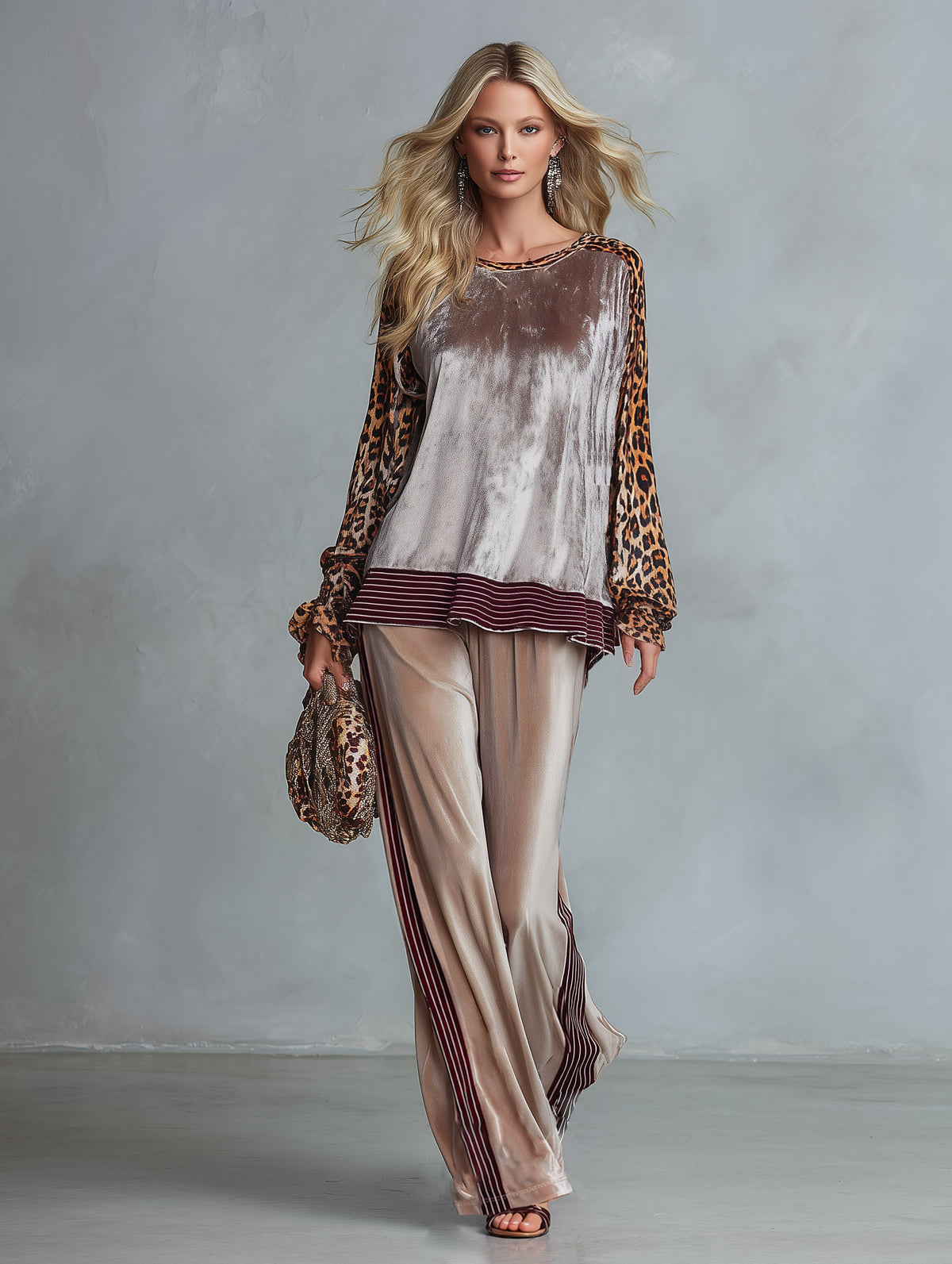Retro Casual Leopard-Print Sleeve Top With Striped Trim &amp; Wide-Leg Pants Velvet Set