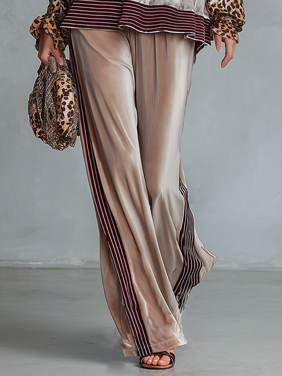 Retro Casual Leopard-Print Sleeve Top With Striped Trim &amp; Wide-Leg Pants Velvet Set