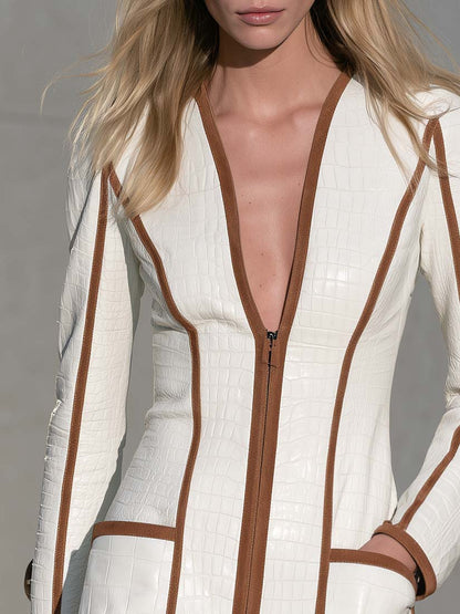Retro Croc Embossed Faux Leather Color Block Long Sleeve Going Out Mini Dress