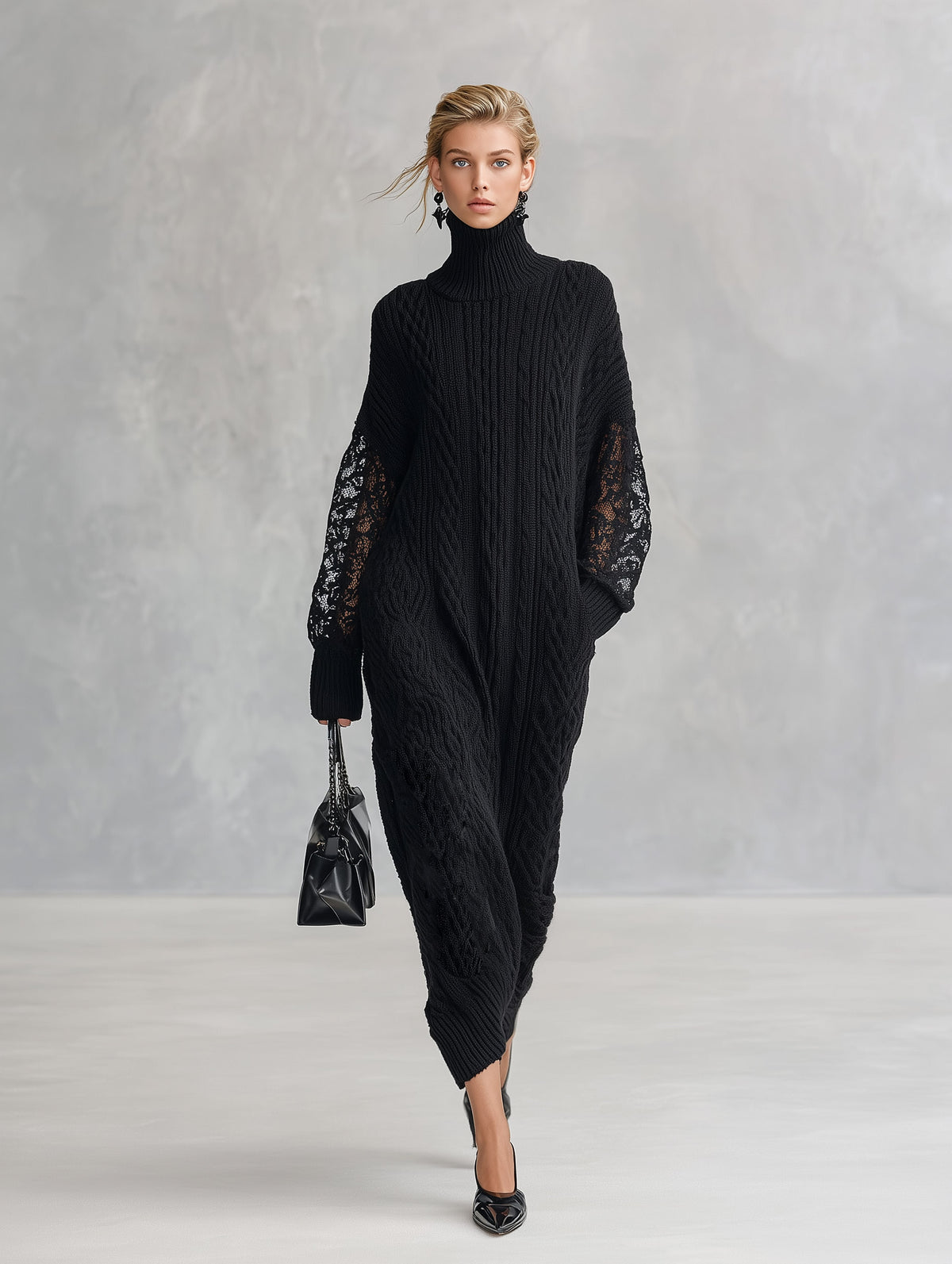 Premium Black Cable-Knit Turtleneck Lace-Sleeve Maxi Dress
