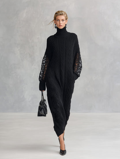 Premium Black Cable-Knit Turtleneck Lace-Sleeve Maxi Dress