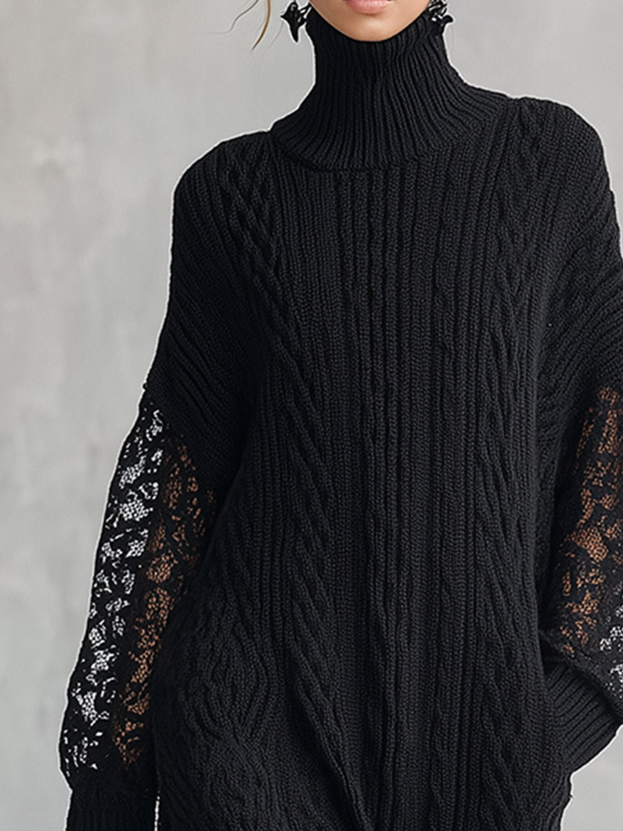 Premium Black Cable-Knit Turtleneck Lace-Sleeve Maxi Dress