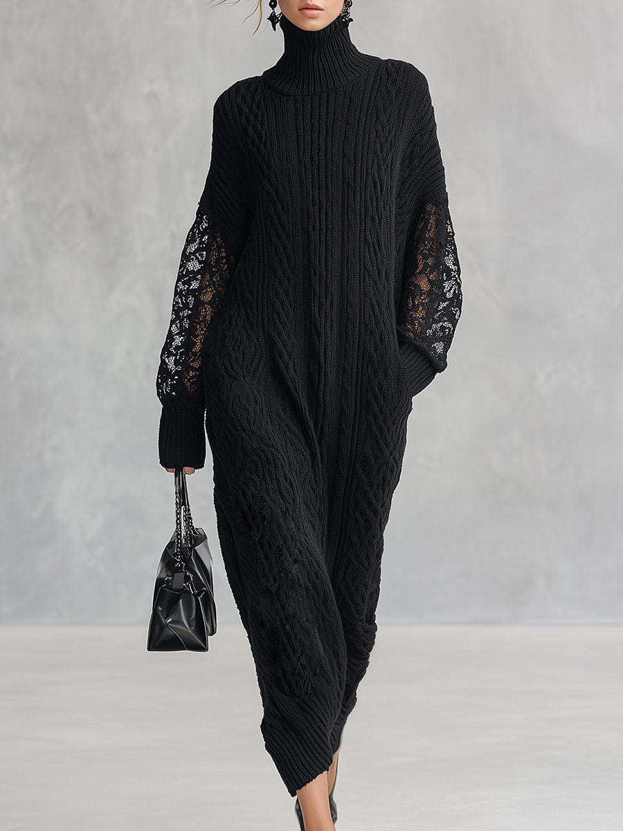 Premium Black Cable-Knit Turtleneck Lace-Sleeve Maxi Dress