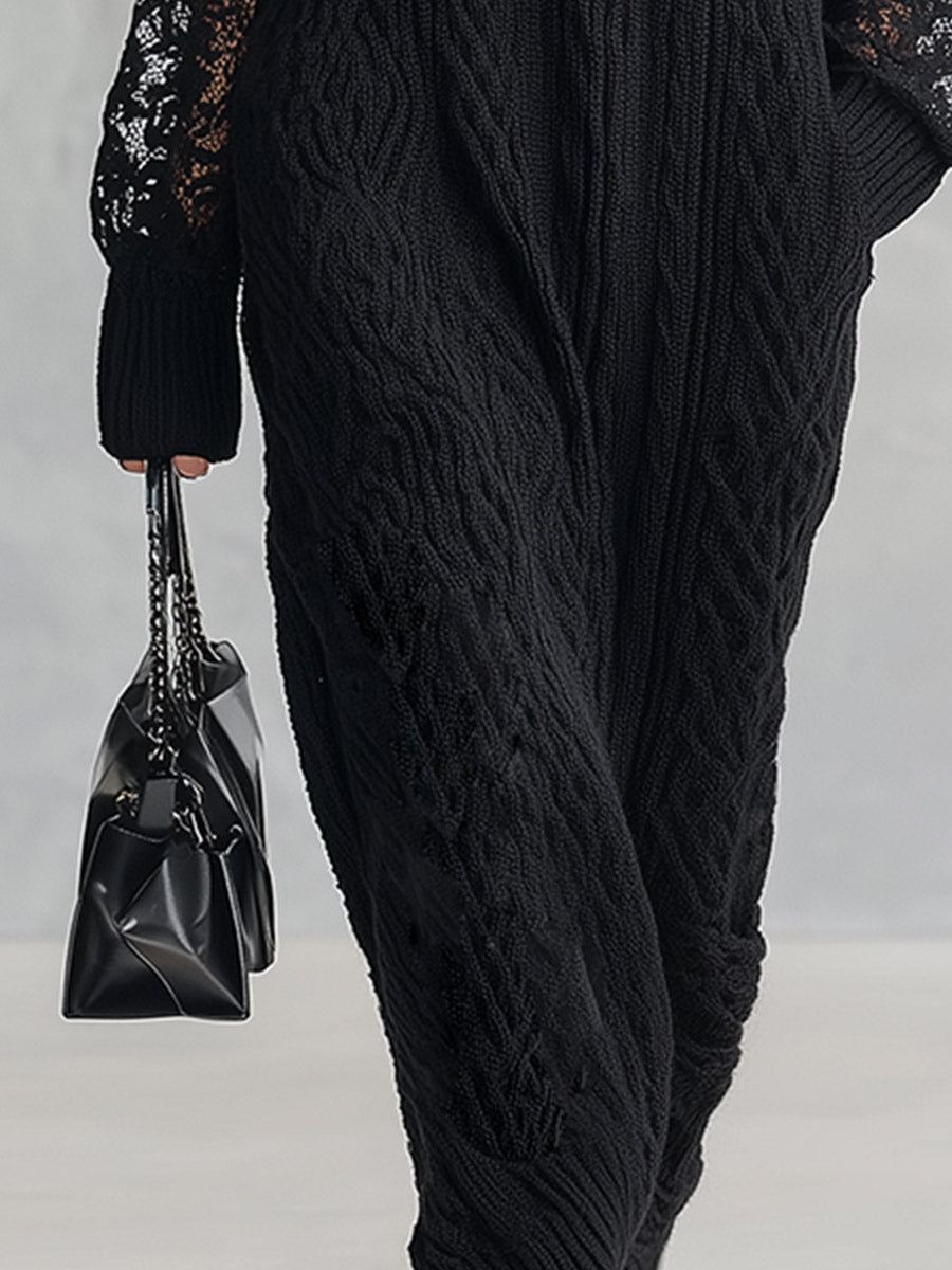Premium Black Cable-Knit Turtleneck Lace-Sleeve Maxi Dress