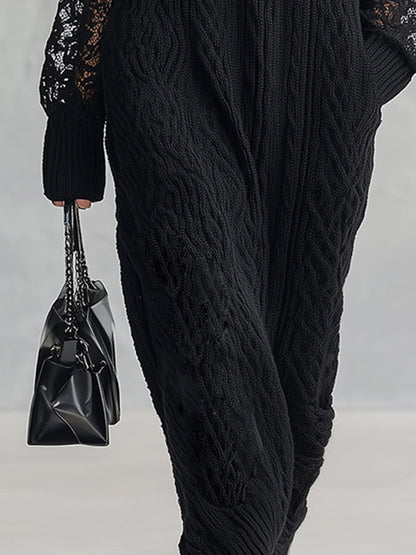 Premium Black Cable-Knit Turtleneck Lace-Sleeve Maxi Dress
