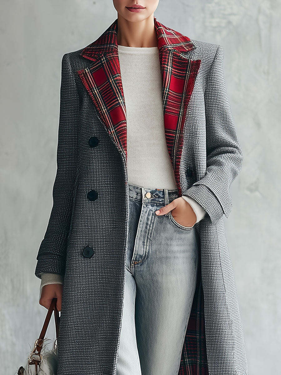 Classic Retro Red Plaid Lapel Grey Double-breasted Long Coat