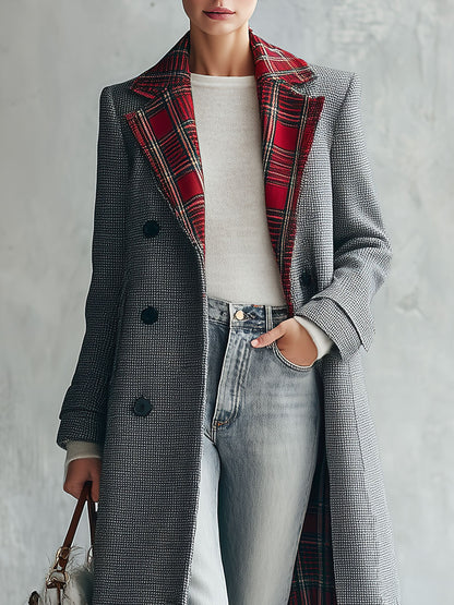 Classic Retro Red Plaid Lapel Grey Double-breasted Long Coat