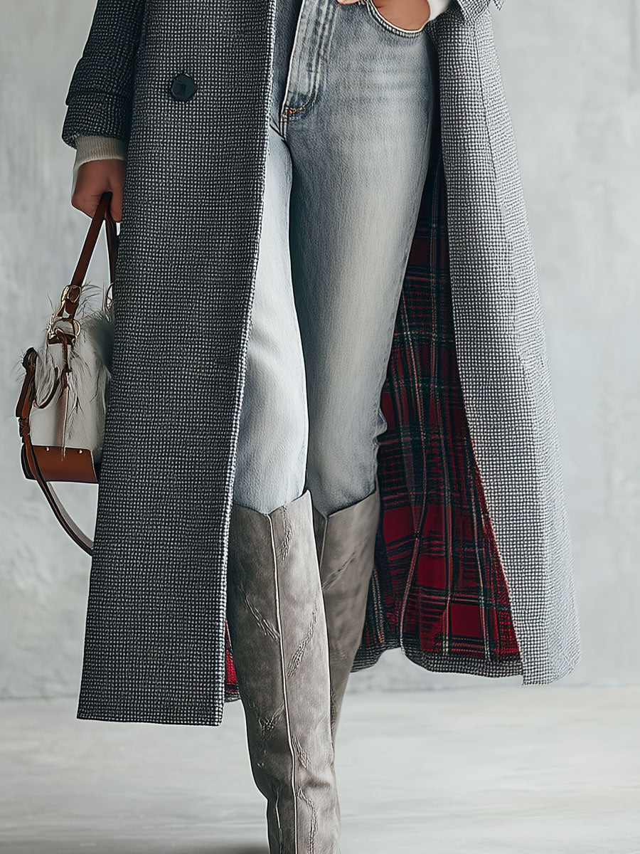 Classic Retro Red Plaid Lapel Grey Double-breasted Long Coat