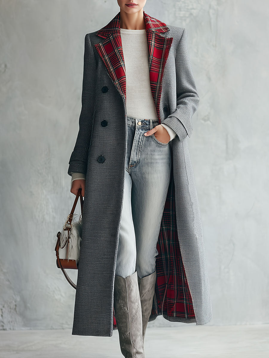 Classic Retro Red Plaid Lapel Grey Double-breasted Long Coat