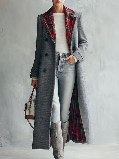 Classic Retro Red Plaid Lapel Grey Double-breasted Long Coat