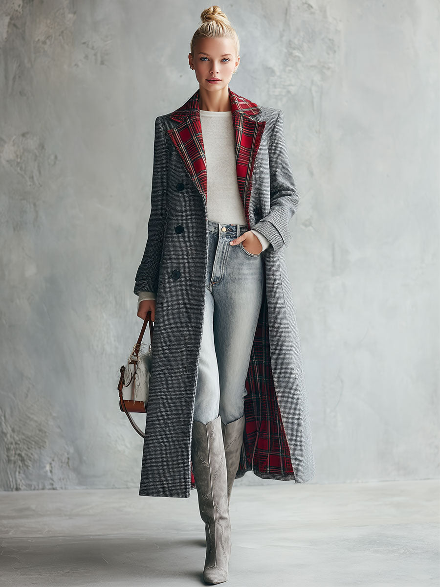 Classic Retro Red Plaid Lapel Grey Double-breasted Long Coat