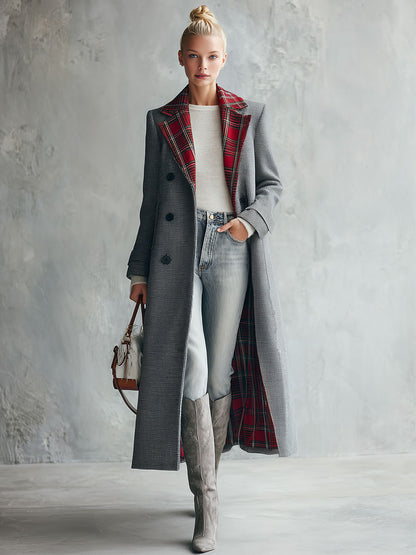 Classic Retro Red Plaid Lapel Grey Double-breasted Long Coat
