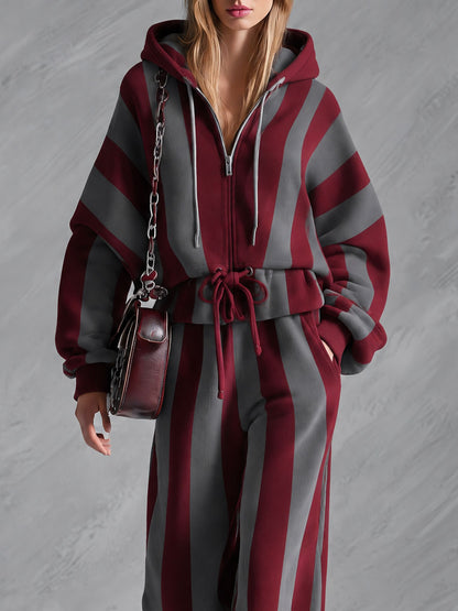 Retro Sporty Red And Gray Striped Zippered Ruffled Cotton Top And Pants Set