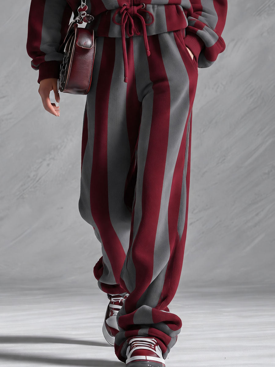 Retro Sporty Red And Gray Striped Zippered Ruffled Cotton Top And Pants Set