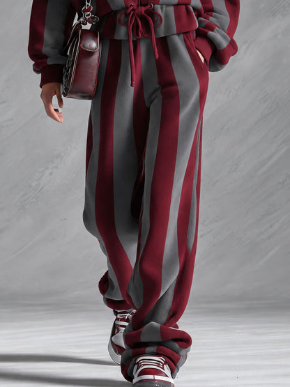 Retro Sporty Red And Gray Striped Zippered Ruffled Cotton Top And Pants Set