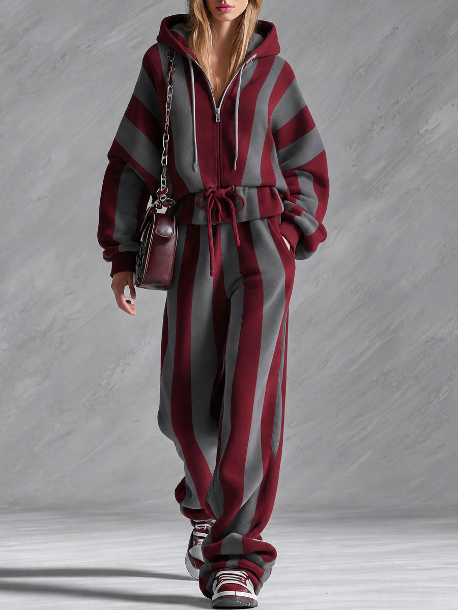 Retro Sporty Red And Gray Striped Zippered Ruffled Cotton Top And Pants Set