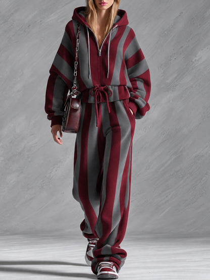 Retro Sporty Red And Gray Striped Zippered Ruffled Cotton Top And Pants Set