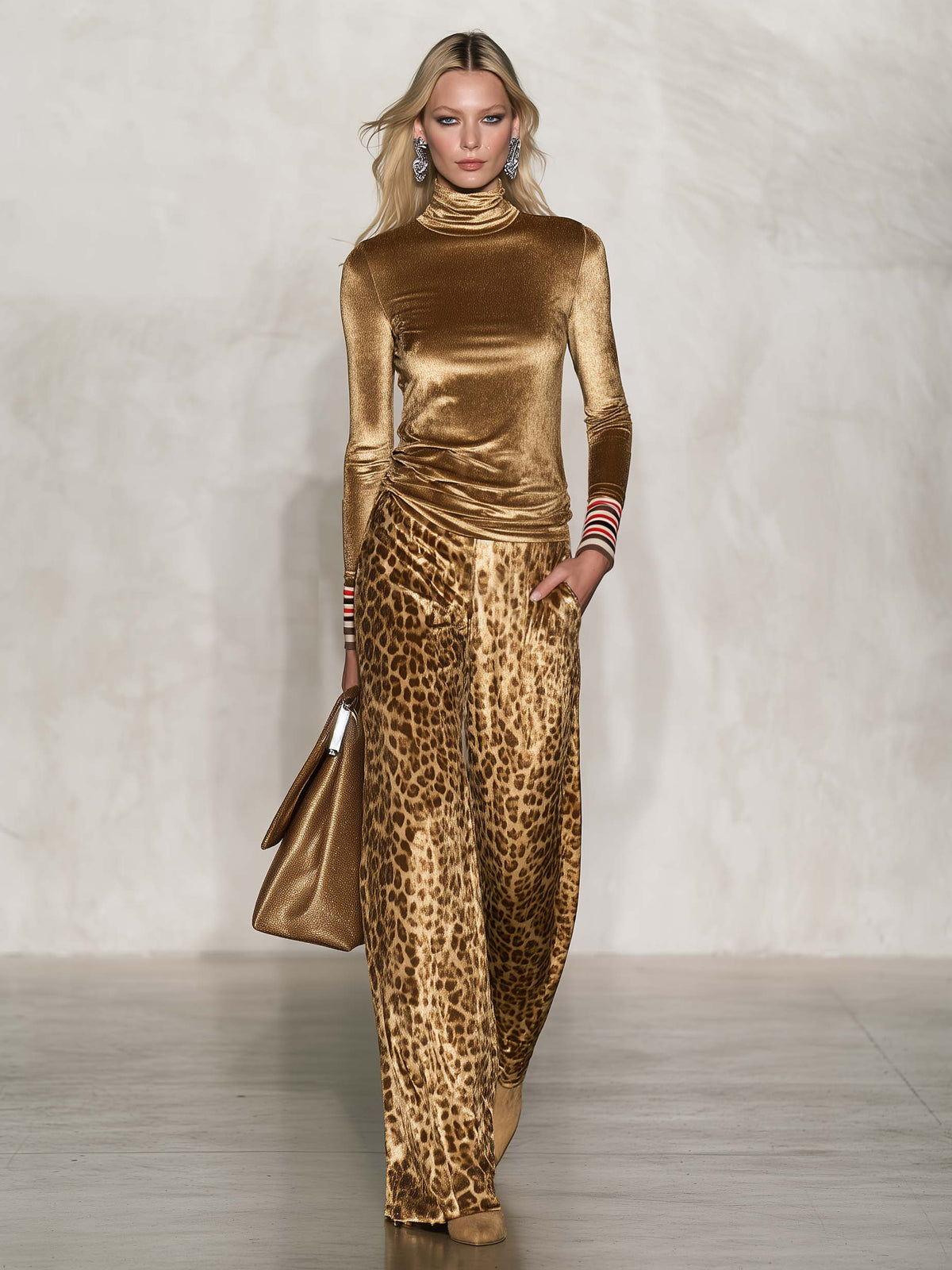 Vintage Glam Gold Velvet Turtleneck Top And Leopard-Print Wide-Leg Pants Set