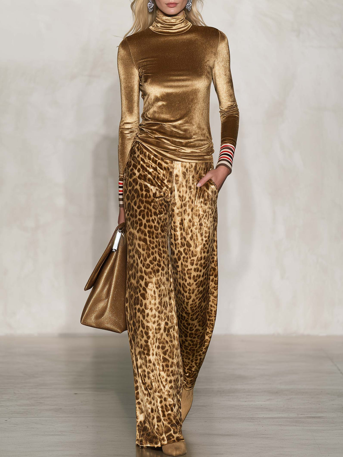 Vintage Glam Gold Velvet Turtleneck Top And Leopard-Print Wide-Leg Pants Set