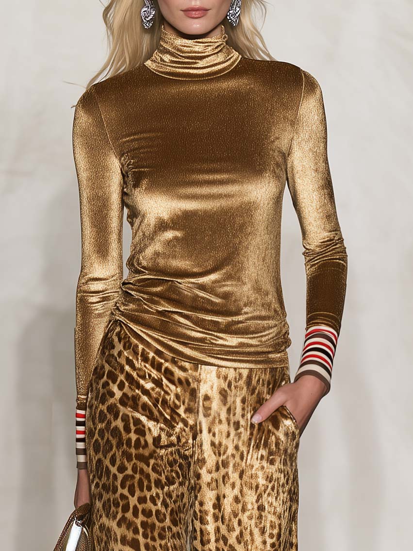 Vintage Glam Gold Velvet Turtleneck Top And Leopard-Print Wide-Leg Pants Set