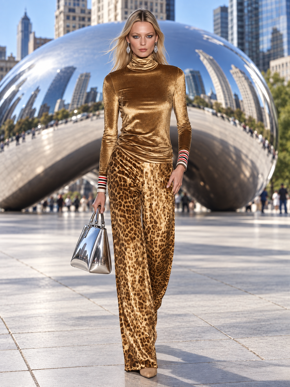 Vintage Glam Gold Velvet Turtleneck Top And Leopard-Print Wide-Leg Pants Set