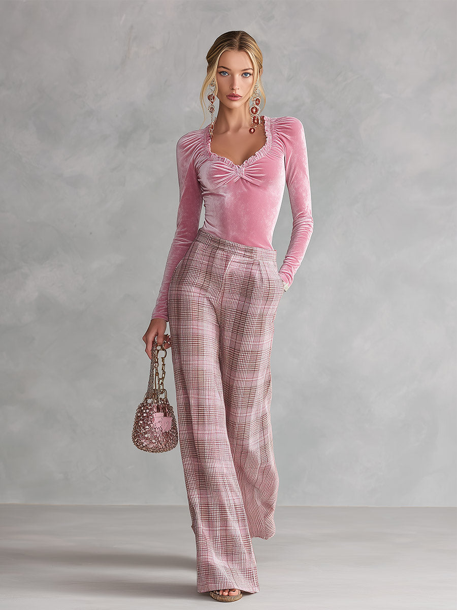 Chic Pink Ruffled Top And Plaid Wide-leg Trousers Velvet Set