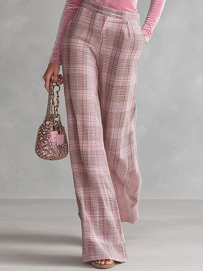 Chic Pink Ruffled Top And Plaid Wide-leg Trousers Velvet Set