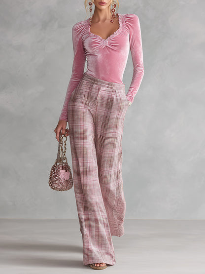 Chic Pink Ruffled Top And Plaid Wide-leg Trousers Velvet Set