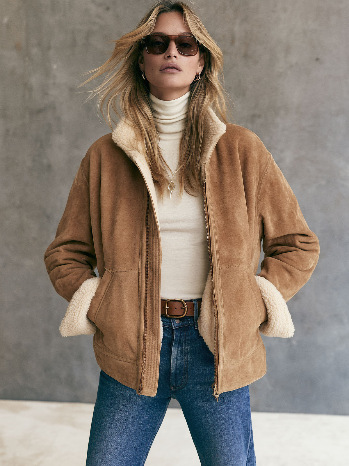 Casual Retro Fleece-lined Camel-colored Faux Suede Jacket/coat