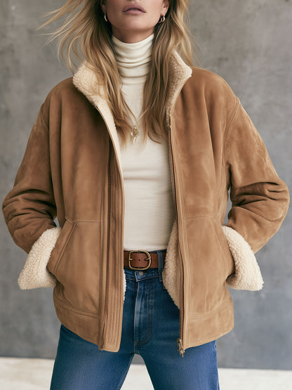 Casual Retro Fleece-lined Camel-colored Faux Suede Jacket/coat