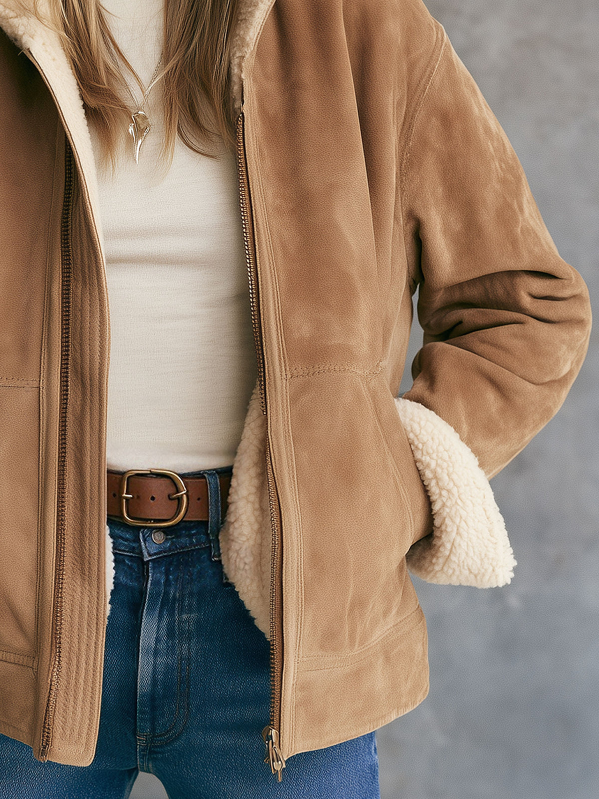 Casual Retro Fleece-lined Camel-colored Faux Suede Jacket/coat