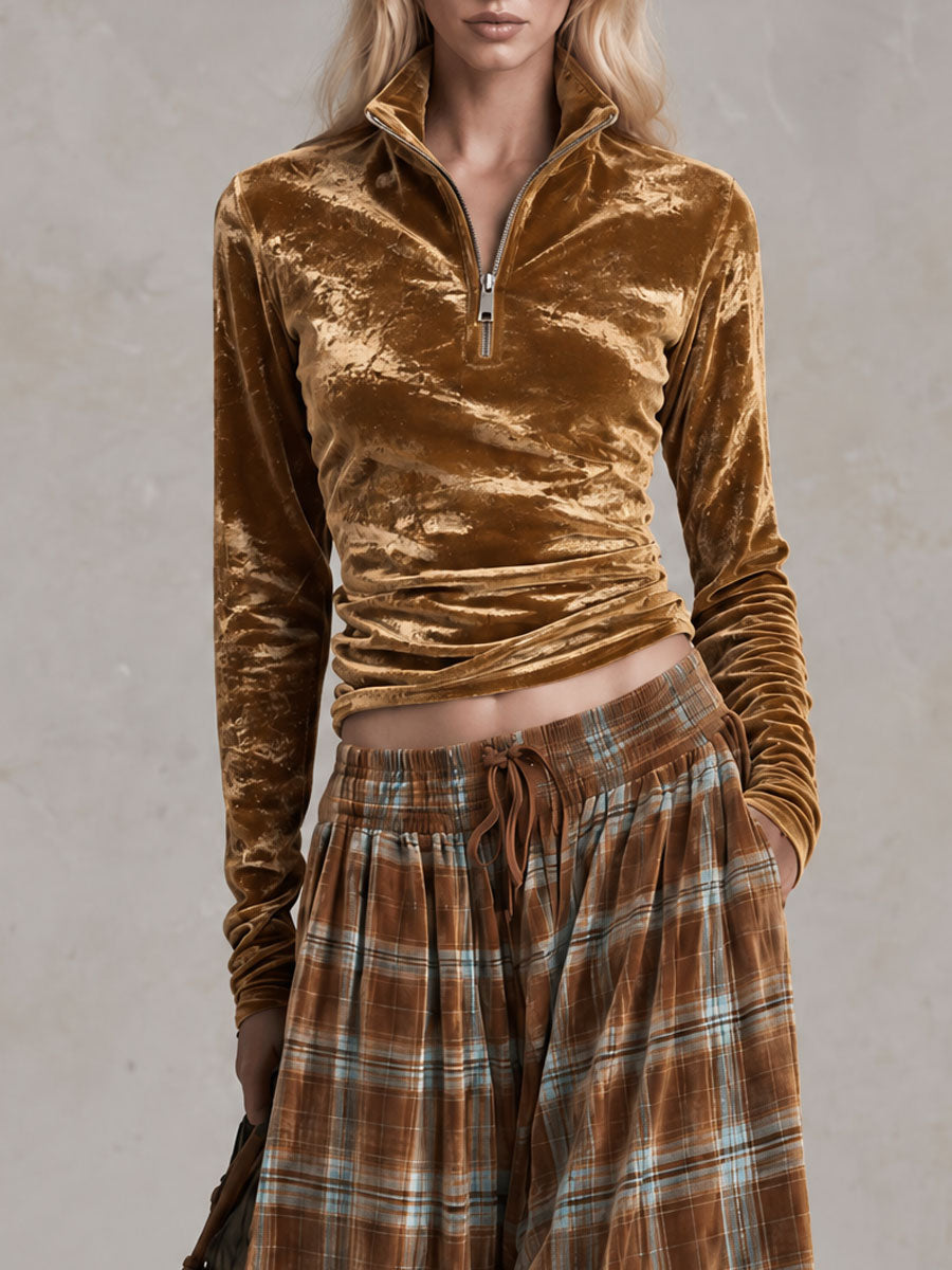 Retro Elegant Gold Velvet Stand-Collar Zip Top And Plaid Print Loose Wide-Leg Trousers Set