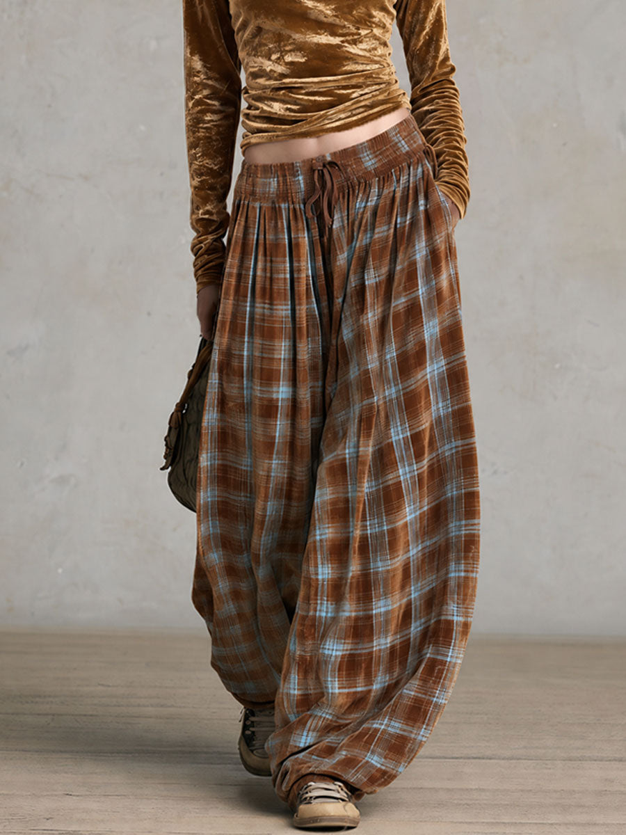 Retro Elegant Gold Velvet Stand-Collar Zip Top And Plaid Print Loose Wide-Leg Trousers Set