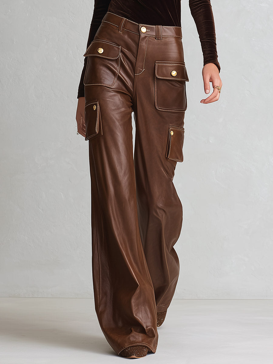 Retro &amp; Versatile Brown Multi-Pocket PU Wide-Leg Pants
