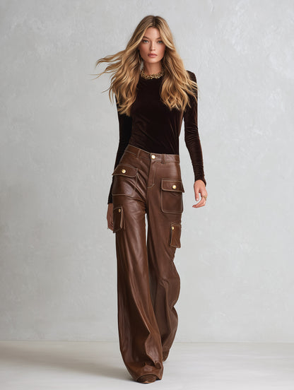 Retro &amp; Versatile Brown Multi-Pocket PU Wide-Leg Pants