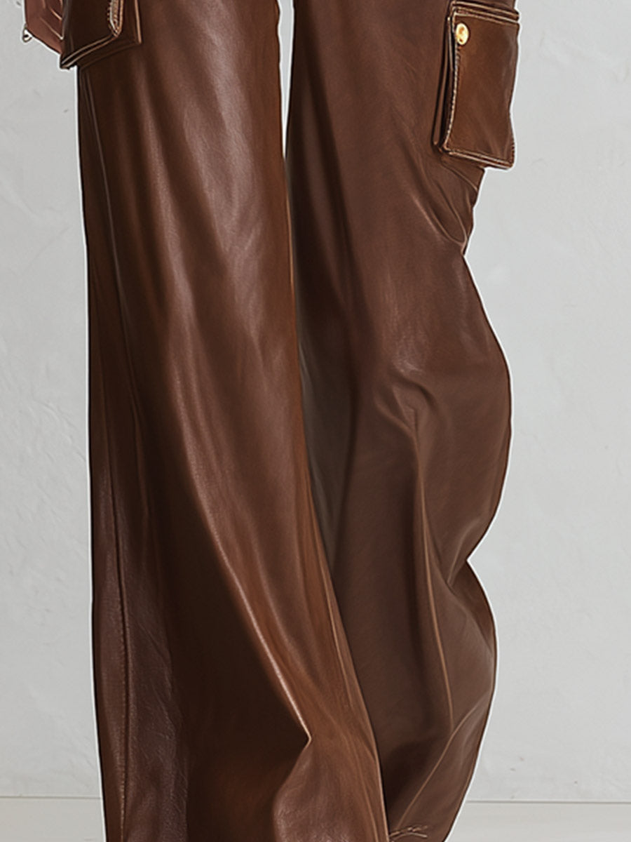 Retro &amp; Versatile Brown Multi-Pocket PU Wide-Leg Pants