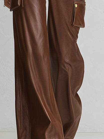 Retro &amp; Versatile Brown Multi-Pocket PU Wide-Leg Pants