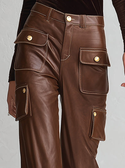 Retro &amp; Versatile Brown Multi-Pocket PU Wide-Leg Pants