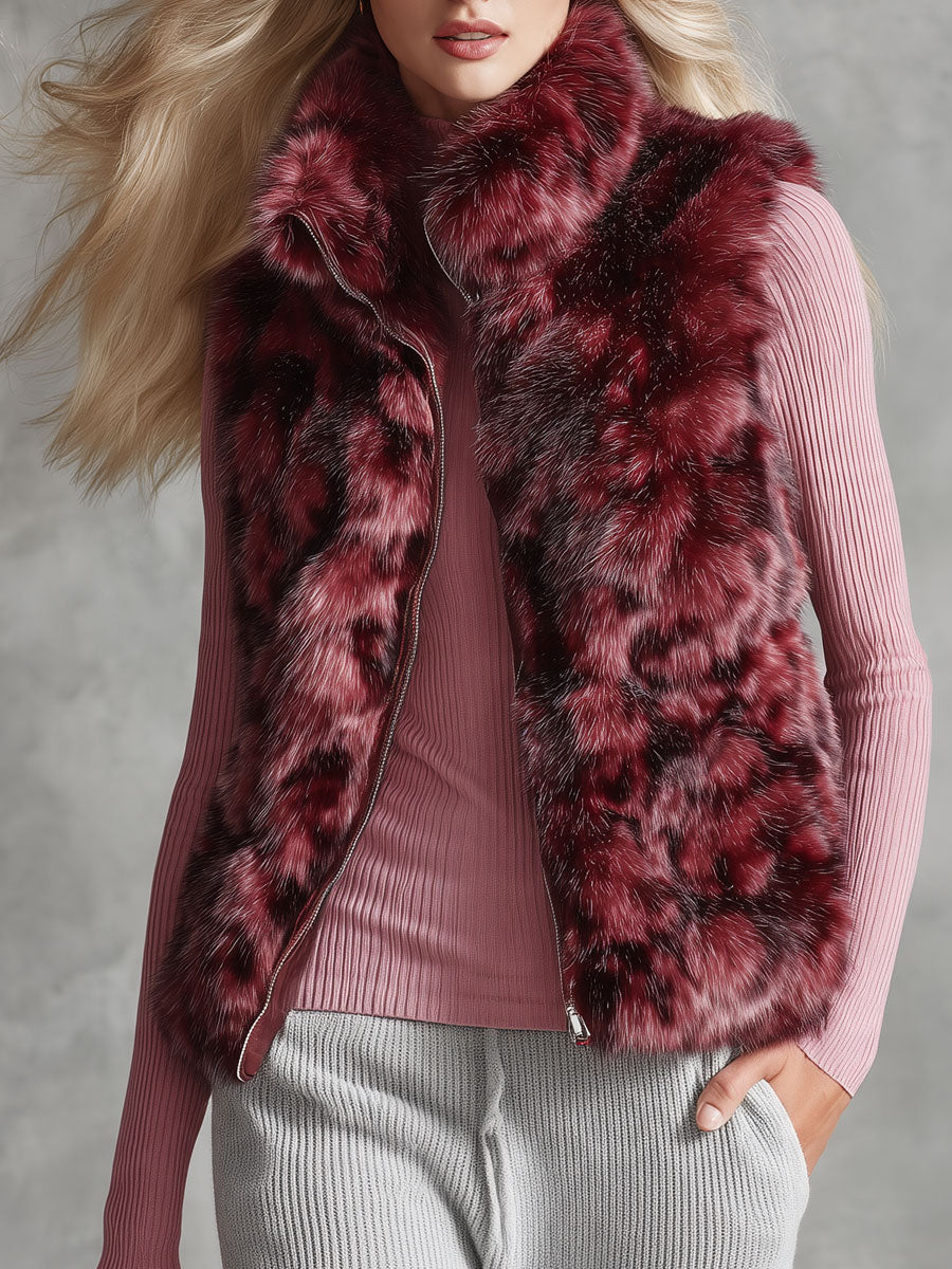 Retro-elegant Red Faux Fur Stand-up Collar Zip-up Vest