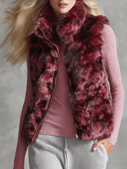 Retro-elegant Red Faux Fur Stand-up Collar Zip-up Vest