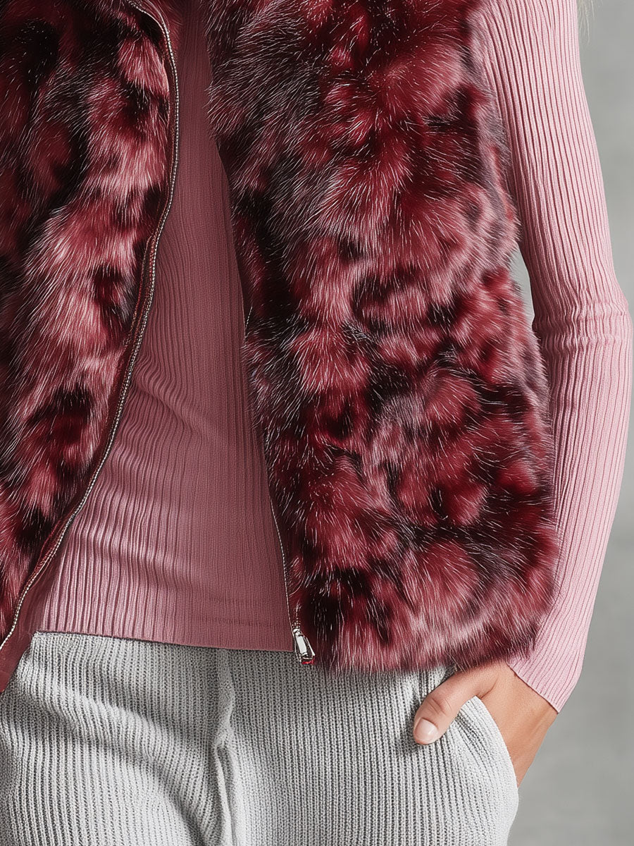 Retro-elegant Red Faux Fur Stand-up Collar Zip-up Vest