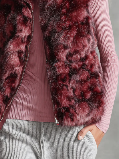 Retro-elegant Red Faux Fur Stand-up Collar Zip-up Vest
