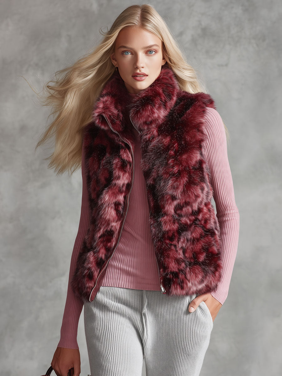 Retro-elegant Red Faux Fur Stand-up Collar Zip-up Vest