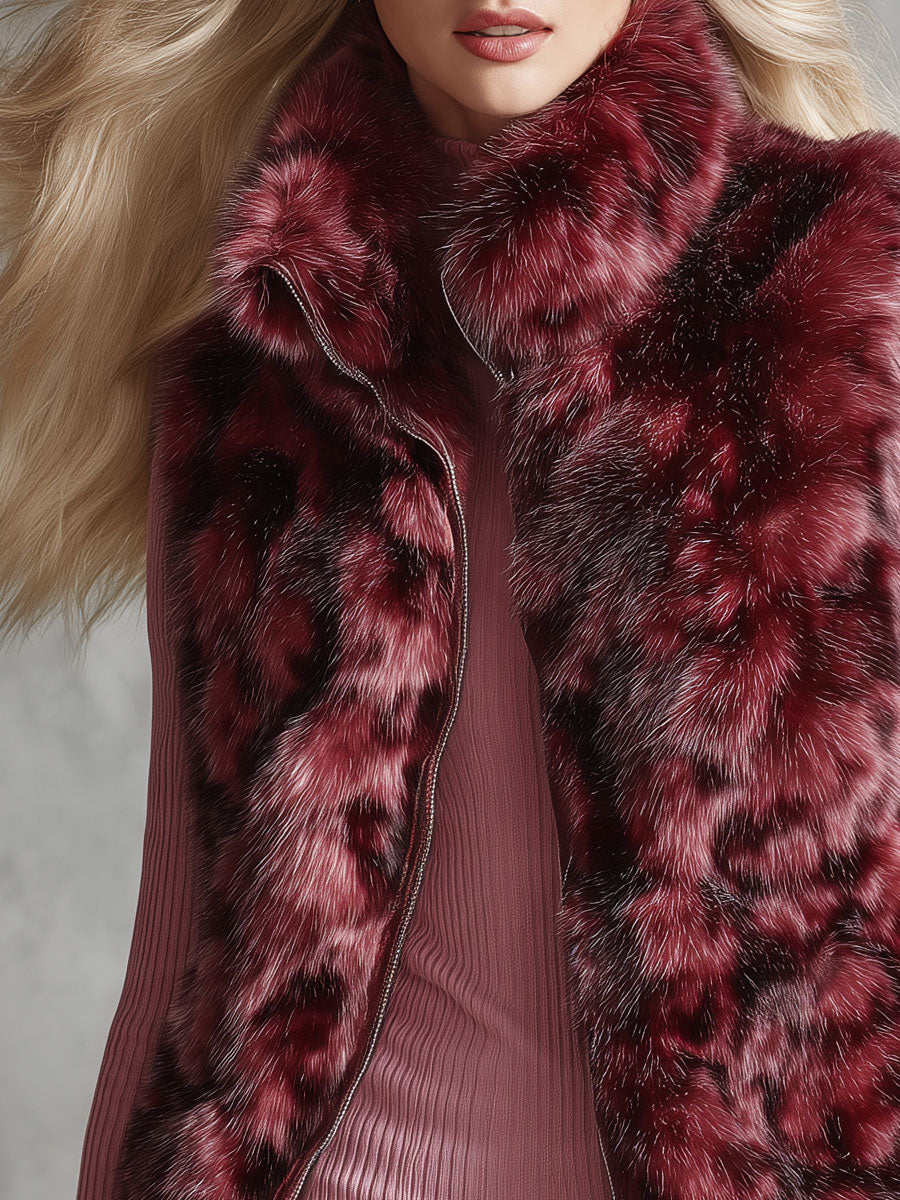 Retro-elegant Red Faux Fur Stand-up Collar Zip-up Vest