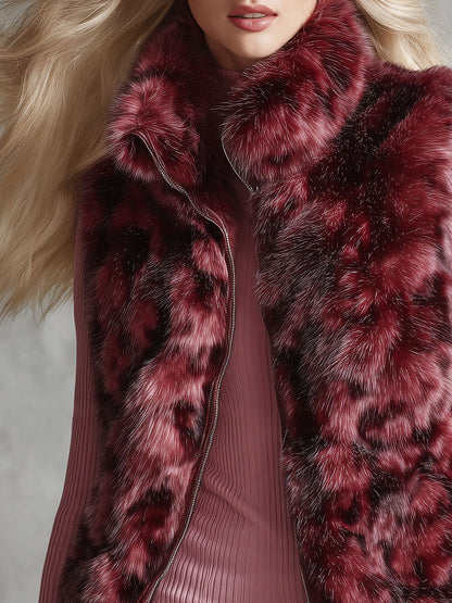 Retro-elegant Red Faux Fur Stand-up Collar Zip-up Vest