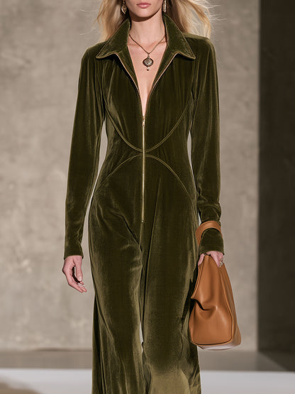 Stylish And Simple Olive Green Velvet Long-sleeved Wide-leg Jumpsuit