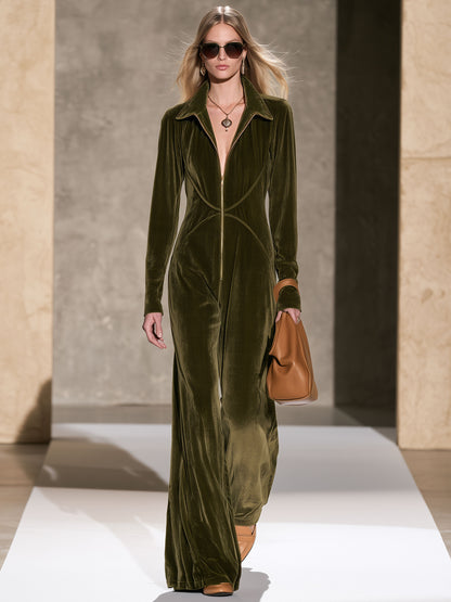 Stylish And Simple Olive Green Velvet Long-sleeved Wide-leg Jumpsuit