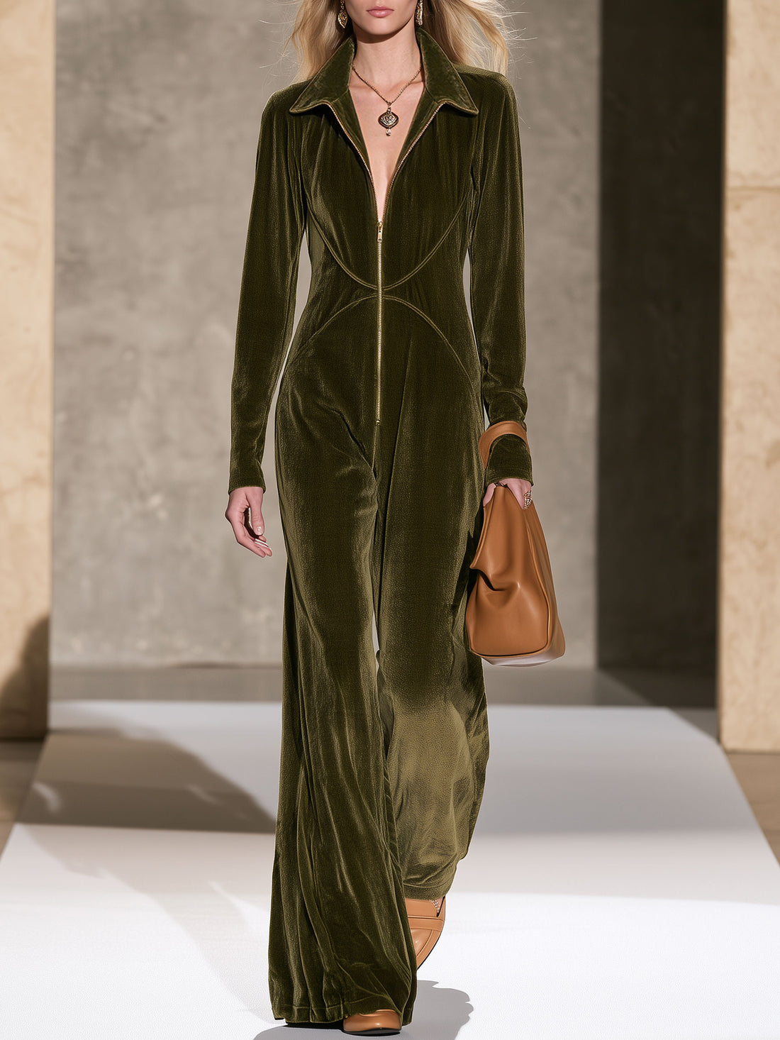 Stylish And Simple Olive Green Velvet Long-sleeved Wide-leg Jumpsuit