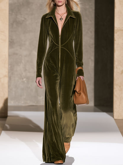 Stylish And Simple Olive Green Velvet Long-sleeved Wide-leg Jumpsuit
